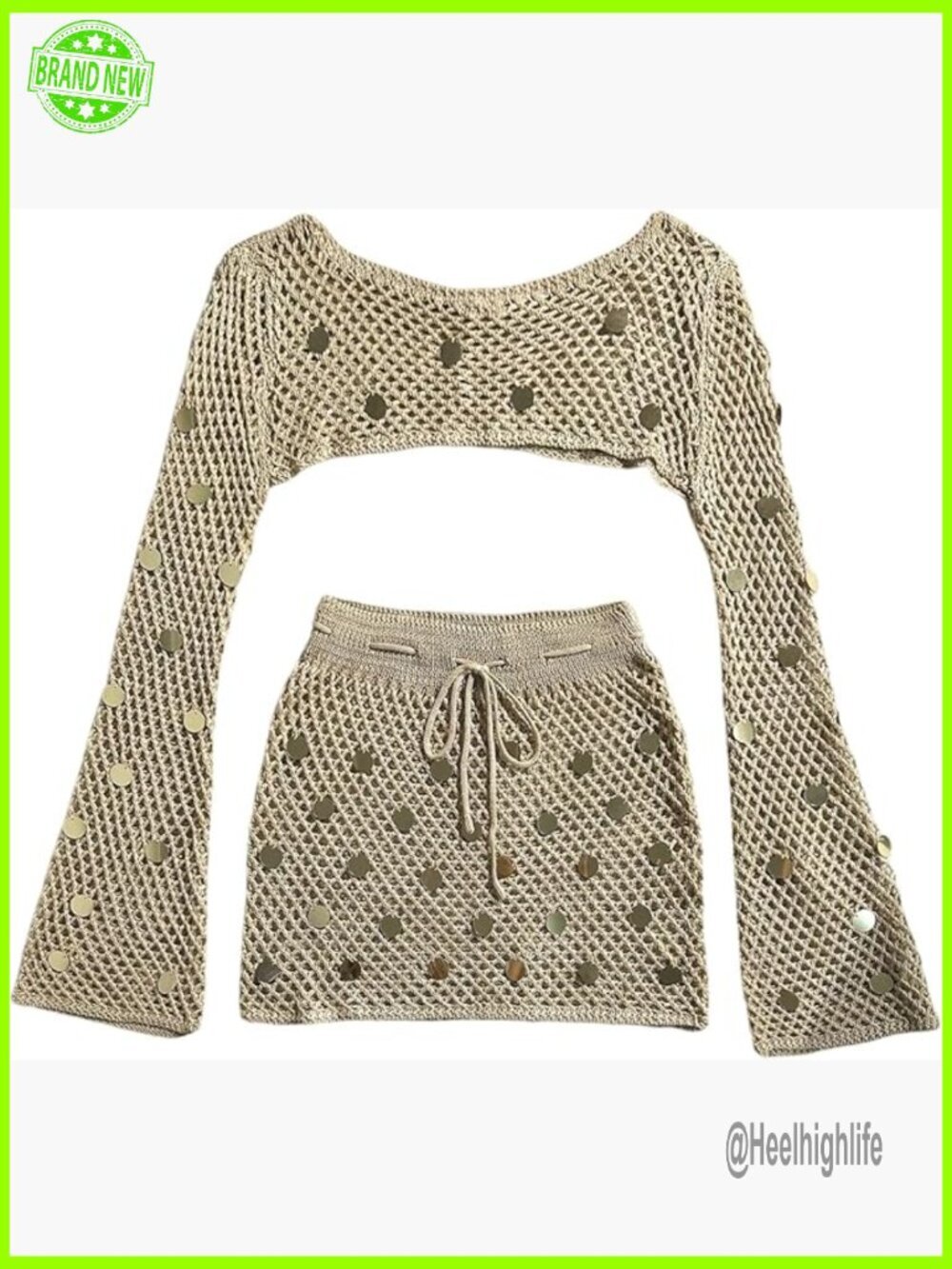 Sequin Crochet Swim Cover Up Set Long Sleeve Crop Top Skirt 2 Piece Outfit